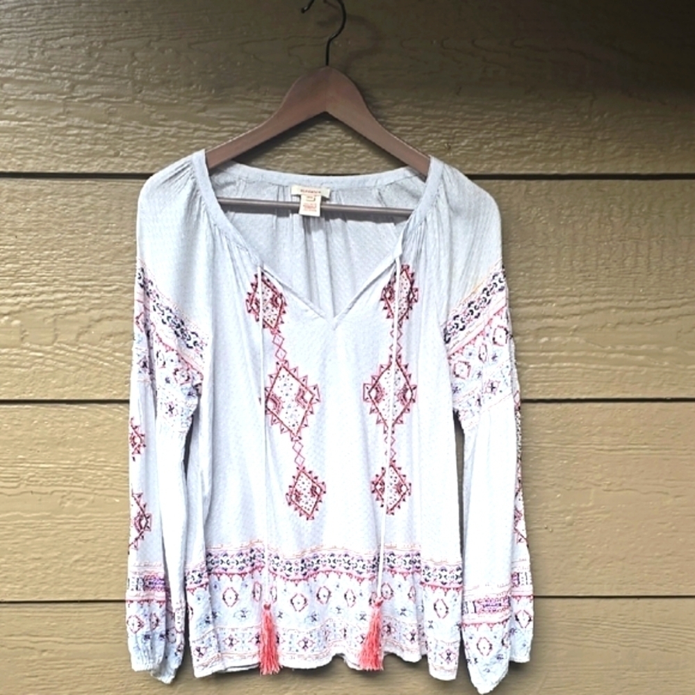 Sundance Gray Textured Beaded Embellished peasant boho top V-neck SP